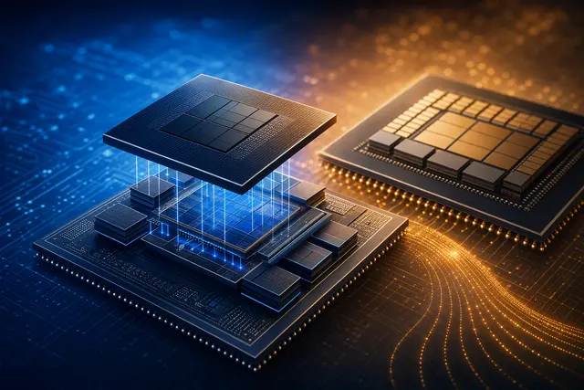 Illustration of advanced semiconductor packaging connecting AI compute dies and high-bandwidth memory