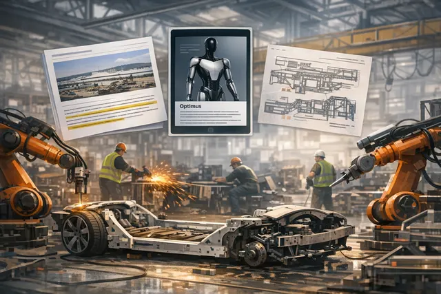 Tesla Fremont factory conversion from Model S and Model X assembly line to Optimus humanoid robot production line, showing factory floor transformation