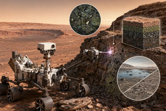 Editorial illustration of NASA’s Perseverance rover examining layered rocks in Jezero Crater on Mars