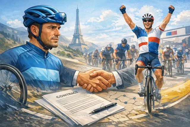Editorial illustration of cyclist Anthony Turgis joining XDS Astana for the 2027 and 2028 seasons