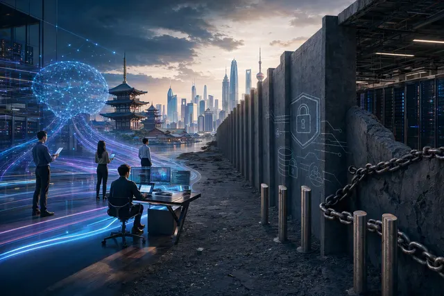 Editorial illustration representing the challenge of moving enterprise AI from pilots into production