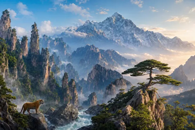 Illustration of China’s dramatic mountain landscapes, representing the scenery of Zhangjiajie and Huangshan