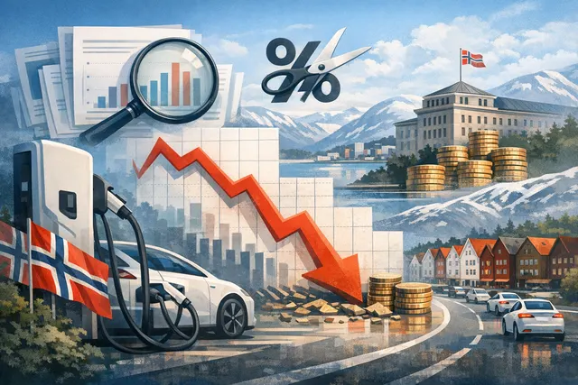 Tesla vehicles parked in a Norwegian cityscape with snowy mountains in the background