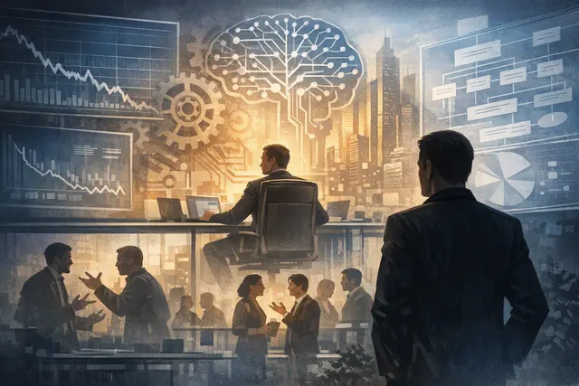 Editorial illustration of OpenAI leadership restructuring, executive departures and safety concerns surrounding an unreleased AI model