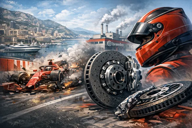 Charles Leclerc's crashed Ferrari at the 2026 Monaco Grand Prix, with a focus on the damaged brake assembly and debris on the track.