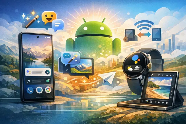 Android 17 and June 2026 Pixel Drop featuring new AI tools like Gemini Omni, Lyria 3, and floating app bubbles.