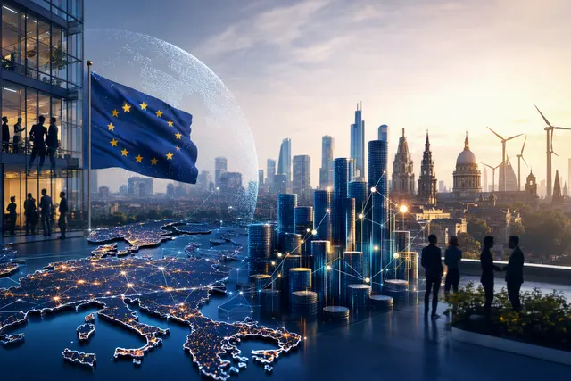 Illustration representing European technology investment in space, cybersecurity and AI infrastructure