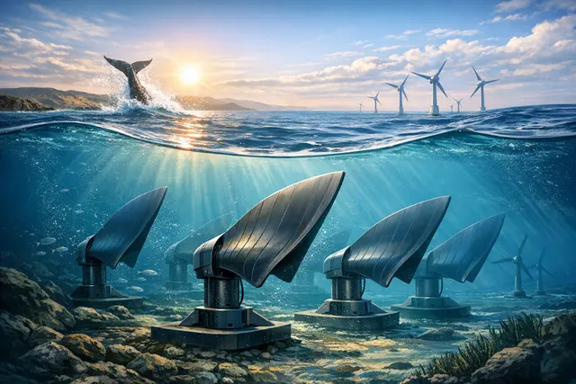 Biomimetic oscillating foil tidal energy system inspired by caudal fins of marine mammals, rendering of Caudal Energy technology
