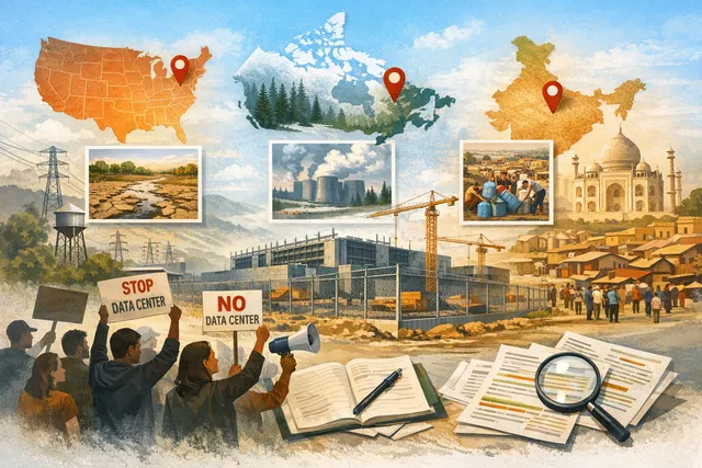 An illustration depicting a large, imposing data center with a 'No Data Centers' protest sign in the foreground, set against a backdrop of residential homes and a power grid.