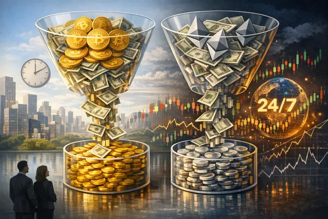 Illustration of Bitcoin and Ethereum ETF inflows alongside a volatile crypto-market price chart