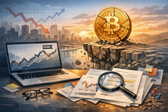 Bitcoin price chart showing a bounce near the $64,000 resistance level, with bearish technical indicators and volume data suggesting a fragile relief rally.