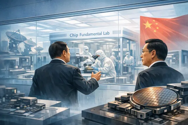Editorial illustration of a semiconductor research laboratory representing Huawei’s newly publicized chip research facility
