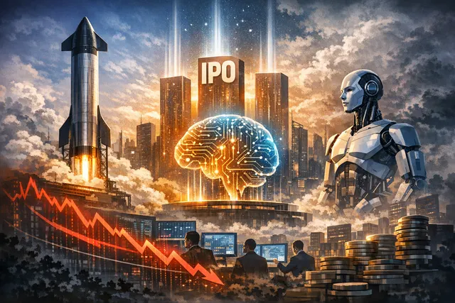 Editorial illustration of three towering financial skyscrapers representing the mega AI IPOs of SpaceX, OpenAI, and Anthropic looming over a volatile stock market chart.