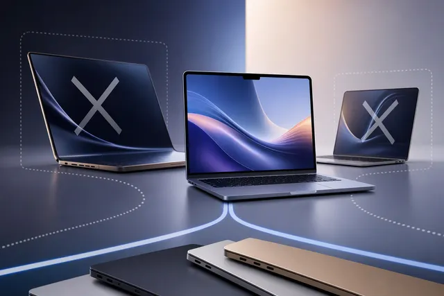 Editorial illustration of Apple MacBook and iPad display roadmap concepts