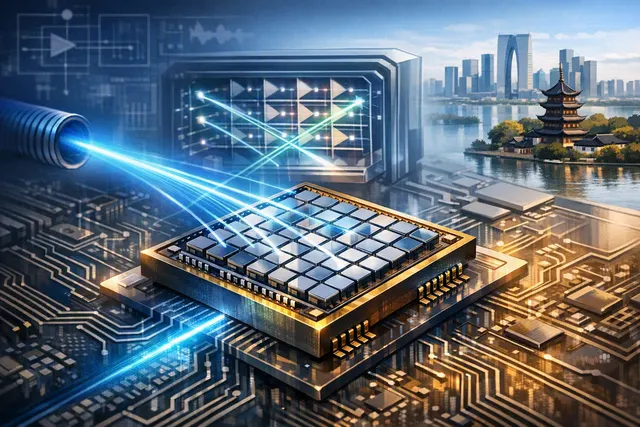 Illustration of a MEMS micromirror array directing optical beams through an AI data-center optical circuit switch