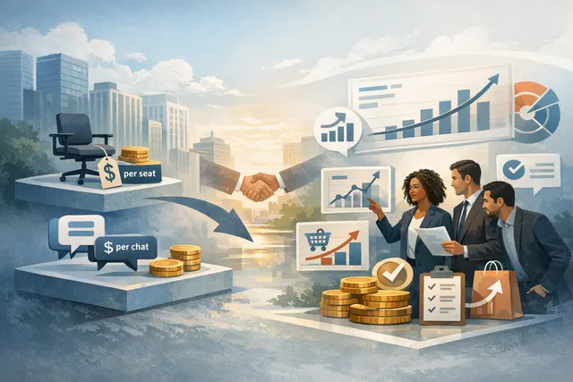 Abstract editorial illustration of AI agents shifting enterprise software pricing from user seats to measurable business outcomes
