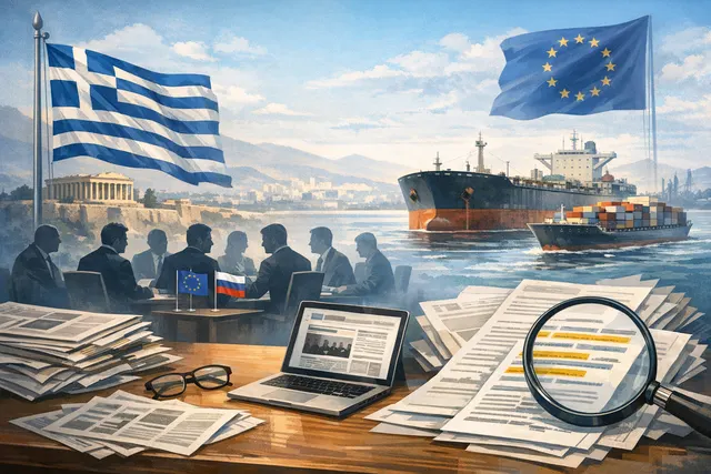 Map of Europe with Greece highlighted, EU flag, and LNG tanker silhouette representing the sanctions dispute over Russian gas shipping