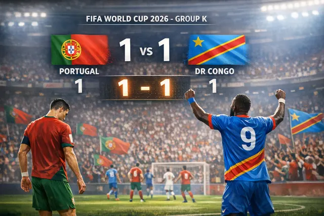 DR Congo players celebrate their historic World Cup goal against Portugal as the final scores display a 1-1 draw in Houston.