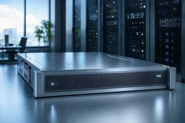 Editorial illustration of a rack-mounted Apple AI server concept with connected processor chips