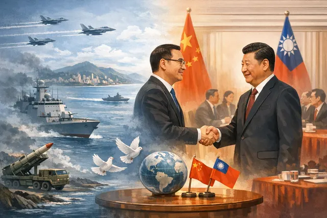 A split image contrasting a Chinese diplomat shaking hands with Taiwan opposition figures against a backdrop of naval warships in the Taiwan Strait.