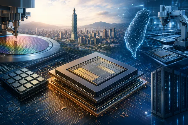 Illustration of AMD AI chips and advanced semiconductor packaging representing Taiwan ecosystem investment