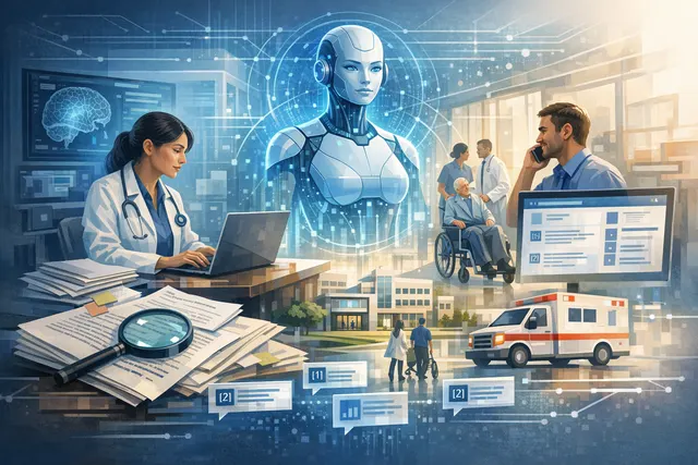 AI-generated illustration of a healthcare AI voice agent interface showing patient appointment scheduling, insurance verification, and billing automation workflows.