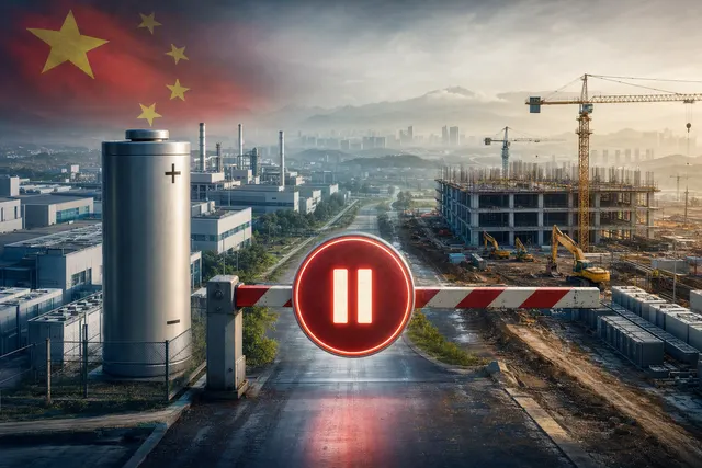 Editorial illustration of China’s review of battery-cell factory expansion