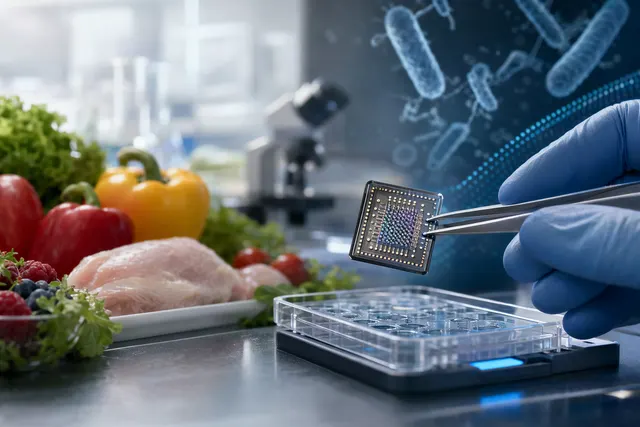 Concept illustration of nanostructured sensor chip detecting bacteria for rapid food safety testing