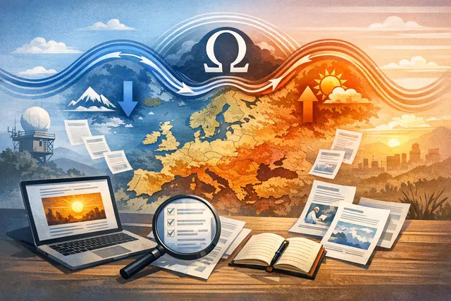 Conceptual visualization of an Omega block weather pattern over Western Europe, showing a high-pressure ridge shaped like the Greek letter Omega trapping hot air.