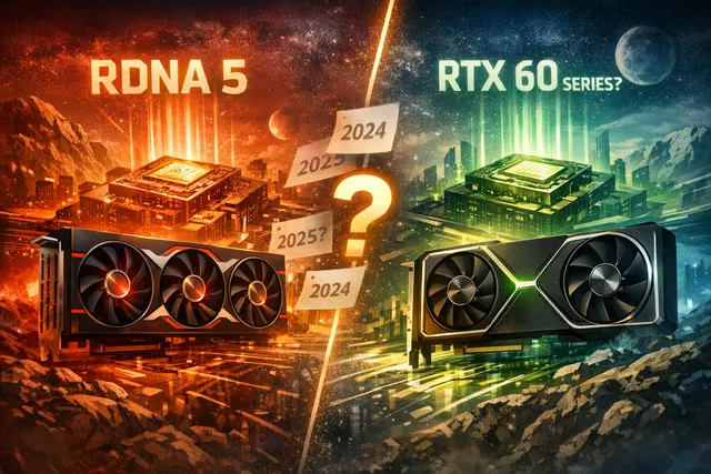 Conceptual illustration of next-generation AMD RDNA 5 and Nvidia RTX 60-series GPUs on a circuit board, representing the upcoming 2027 graphics card competition.