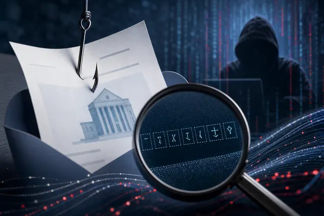 Editorial illustration of hidden Unicode characters embedded in a phishing email