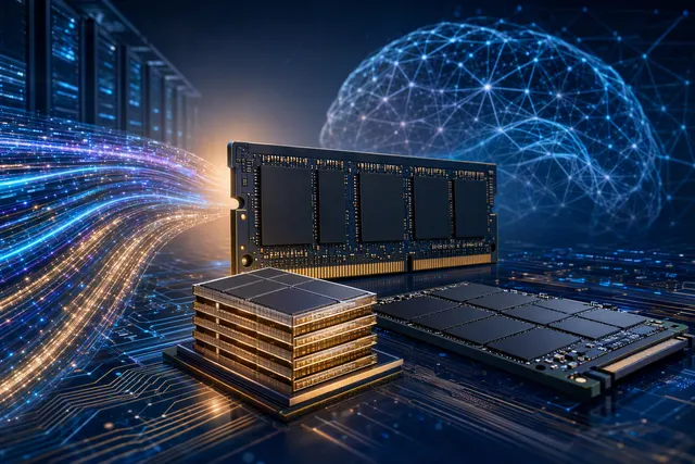 Editorial illustration representing AI infrastructure and next-generation memory chips