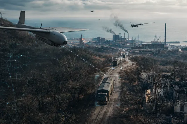 AI-generated illustration of a military drone over roads near an industrial city, representing Hornet drone reports near Mariupol.