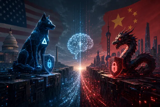 Conceptual illustration of the AI cybersecurity race between the United States and China