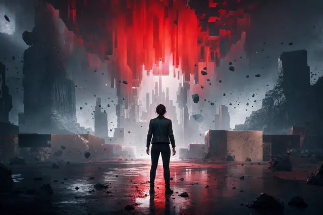Editorial artwork for Control Resonant showing a surreal, reality-warped city atmosphere
