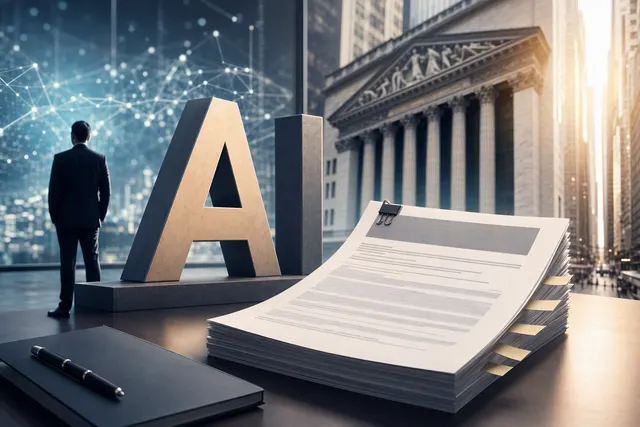 Illustration of artificial intelligence imagery and a stock-market listing, representing Anthropic’s planned IPO.