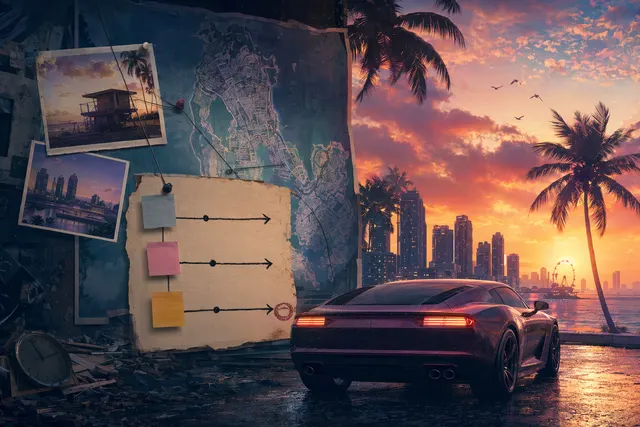 Concept artwork representing the long‑awaited release of Grand Theft Auto VI and its delayed 2026 launch
