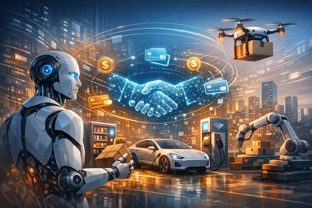 Conceptual illustration of an AI agent executing a payment on the Mastercard network, representing the Agent Pay for Machines framework