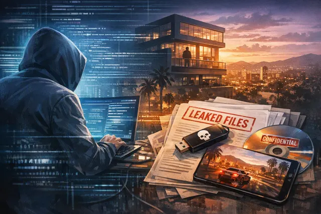 Editorial illustration of the CyberLeek GTA 6 leak dispute involving Rockstar Games and Take-Two