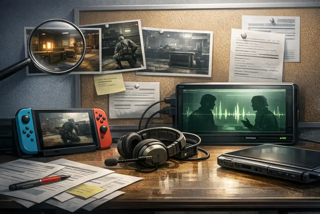 Illustration of Metal Gear Solid 4 characters and replaced PlayStation hardware in the Nintendo Switch version