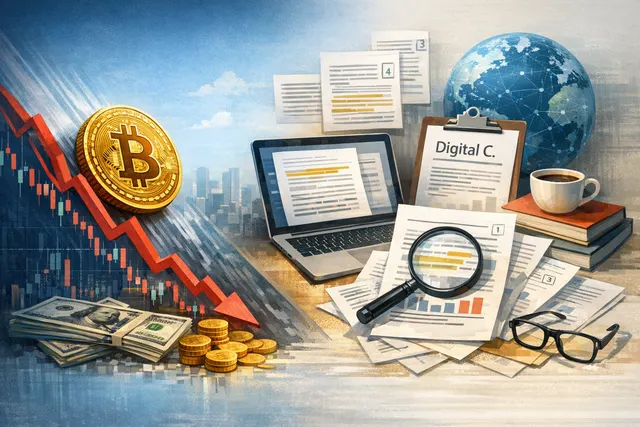 Bitcoin price chart showing decline toward $58,000 with Strategy Inc. logo and Digital Credit Capital Framework announcement