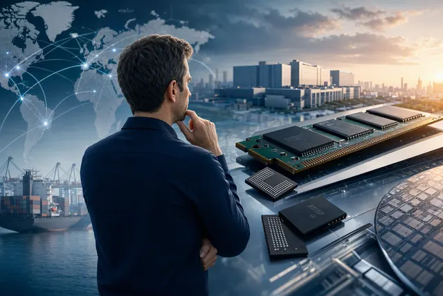 Editorial illustration representing Apple’s memory-chip supply options and the debate over sourcing from Chinese suppliers