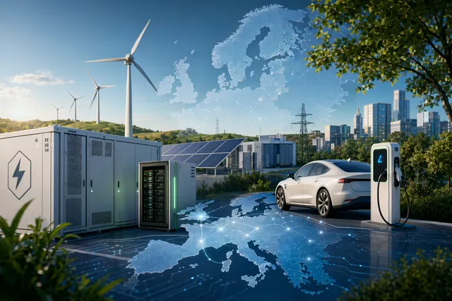 Illustration of European energy infrastructure including EV charging stations, battery storage systems, and renewable power networks