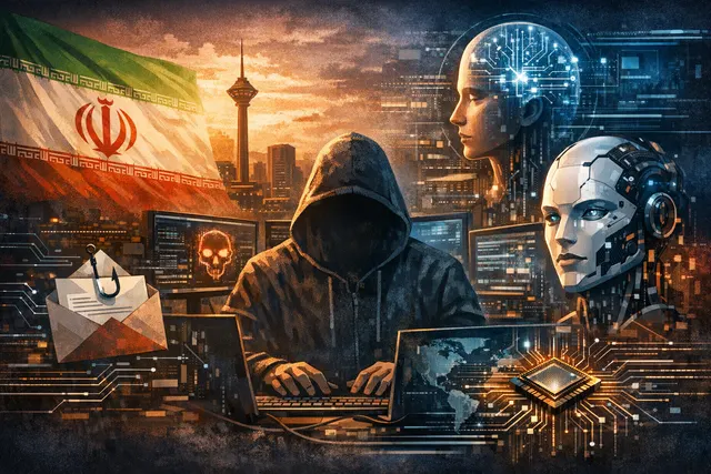 Digital visualization of AI-powered cyber warfare with glowing network connections symbolizing Iran's use of ChatGPT and Gemini for cyberattacks