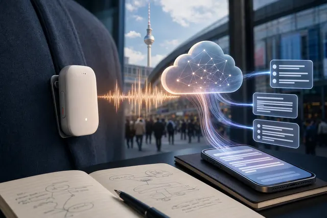 Editorial illustration of the SwitchBot AI MindClip clip-on AI audio recorder