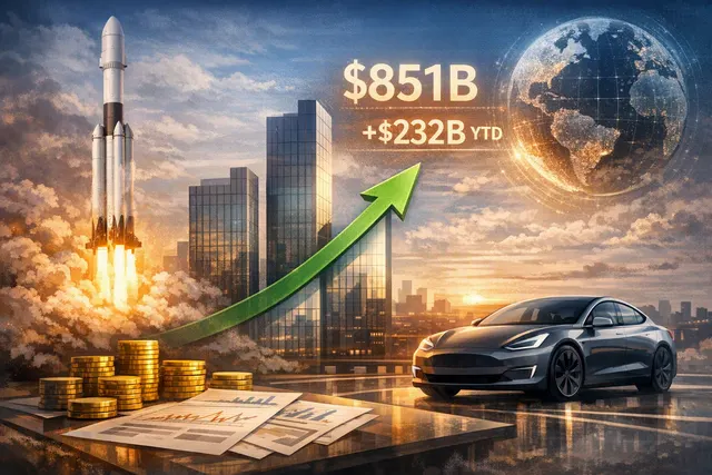 Illustration of Elon Musk’s rising net worth alongside SpaceX and Tesla market valuations