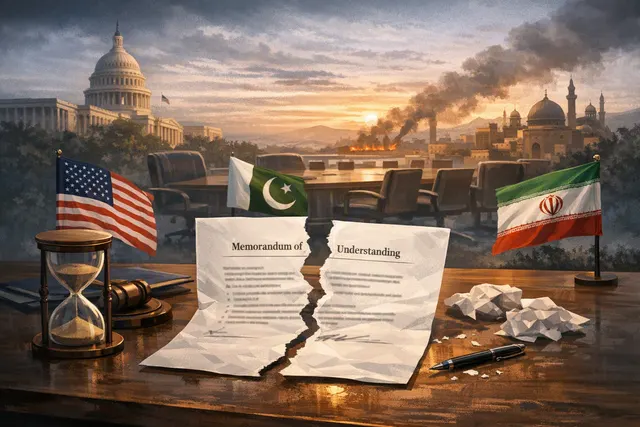 Editorial illustration of U.S.–Iran diplomacy and ships navigating the Strait of Hormuz