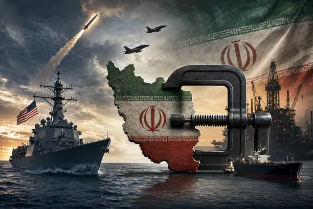 Editorial illustration of escalating U.S.-Iran maritime tensions around oil tankers