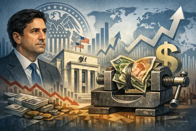 Conceptual image showing pressure on a global map with a strengthening U.S. dollar arrow and an oil shock wave, illustrating the squeeze on emerging-market currencies and the carry