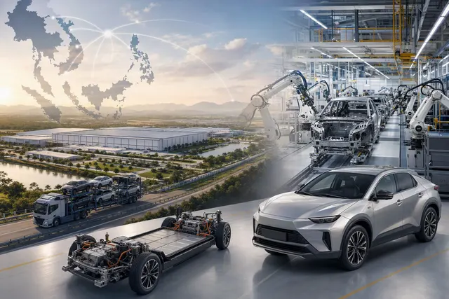 Editorial illustration of Toyota’s planned hybrid-vehicle manufacturing expansion in Phu Tho, Vietnam